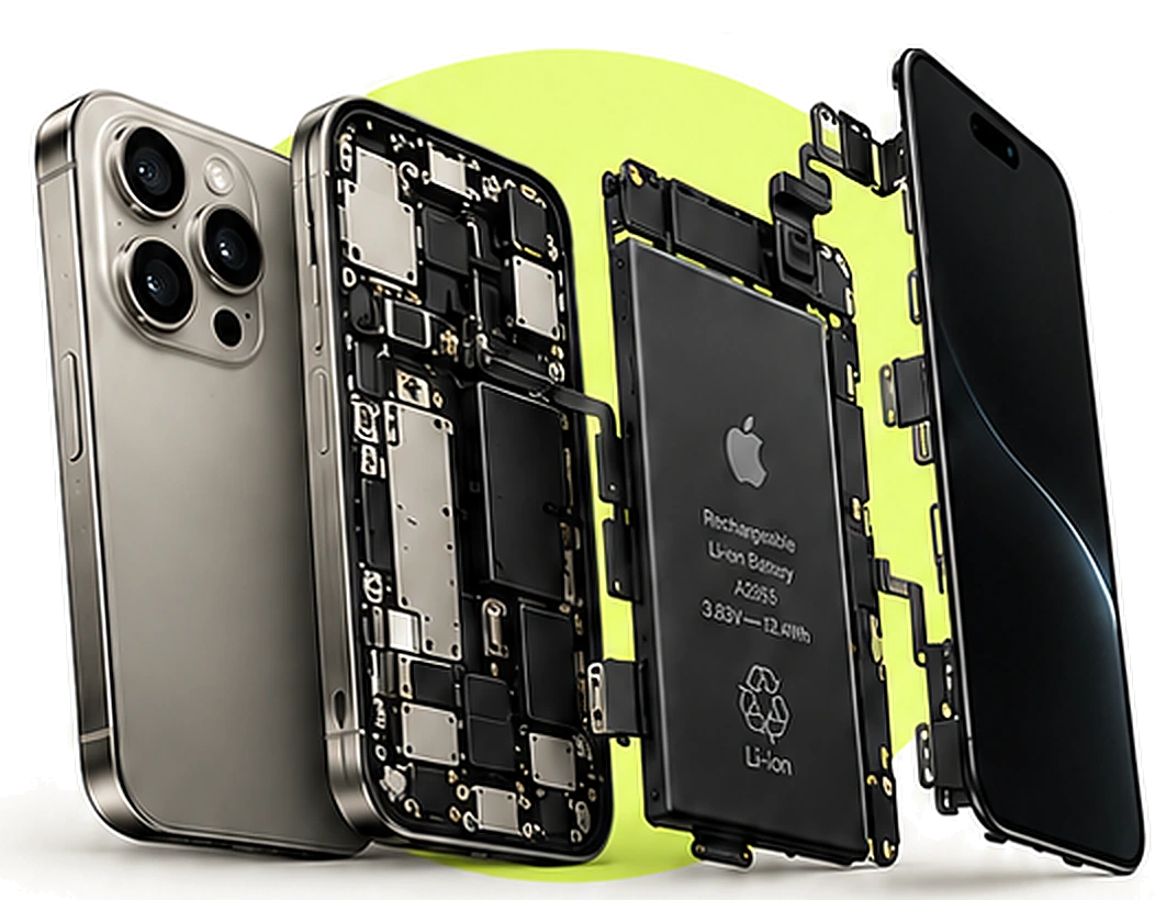 Ілюстрація iPhone, розібраного на корпус, внутрішні компоненти та дисплей